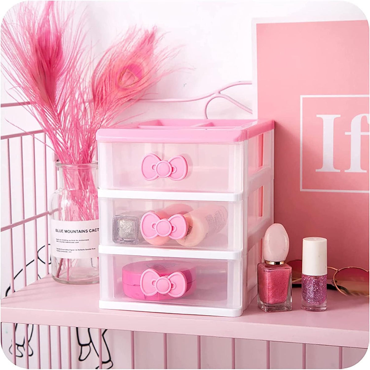 3 Drawer Mini Desk Organizer Plastic Cute Pink Drawer Storage