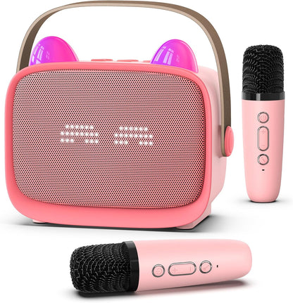Upgraded Mini Karaoke Machine Toy for Kids, Portable Bluetooth Speaker with 2 Wireless Mics, Emoji & Colorful LED Lights, Home Travel & Party Play Gifts for Boys Girls (Pink)