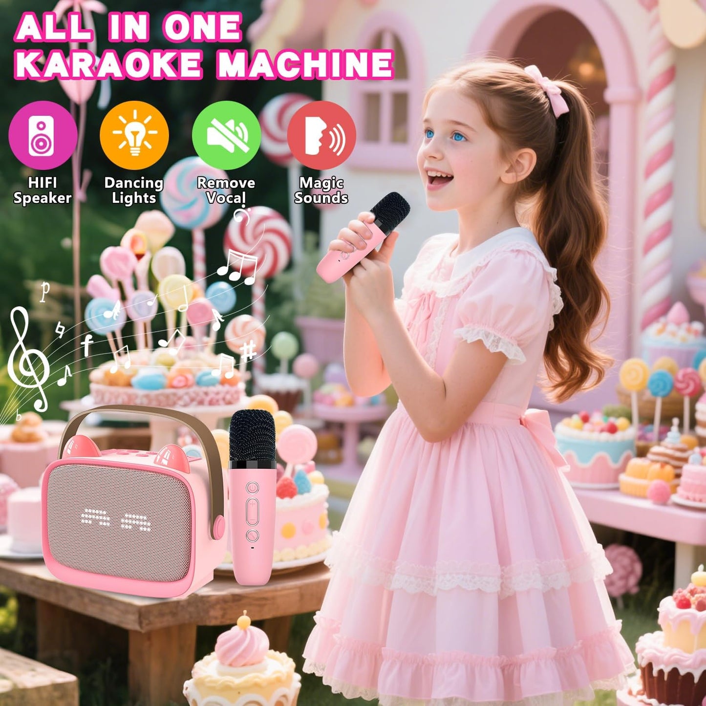 Upgraded Mini Karaoke Machine Toy for Kids, Portable Bluetooth Speaker with 2 Wireless Mics, Emoji & Colorful LED Lights, Home Travel & Party Play Gifts for Boys Girls (Pink)