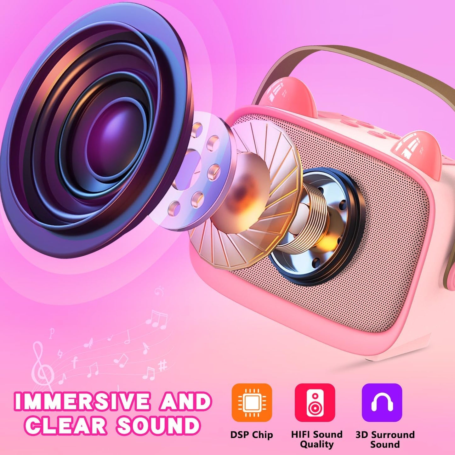 Upgraded Mini Karaoke Machine Toy for Kids, Portable Bluetooth Speaker with 2 Wireless Mics, Emoji & Colorful LED Lights, Home Travel & Party Play Gifts for Boys Girls (Pink)