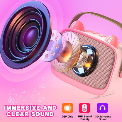 Upgraded Mini Karaoke Machine Toy for Kids, Portable Bluetooth Speaker with 2 Wireless Mics, Emoji & Colorful LED Lights, Home Travel & Party Play Gifts for Boys Girls (Pink)
