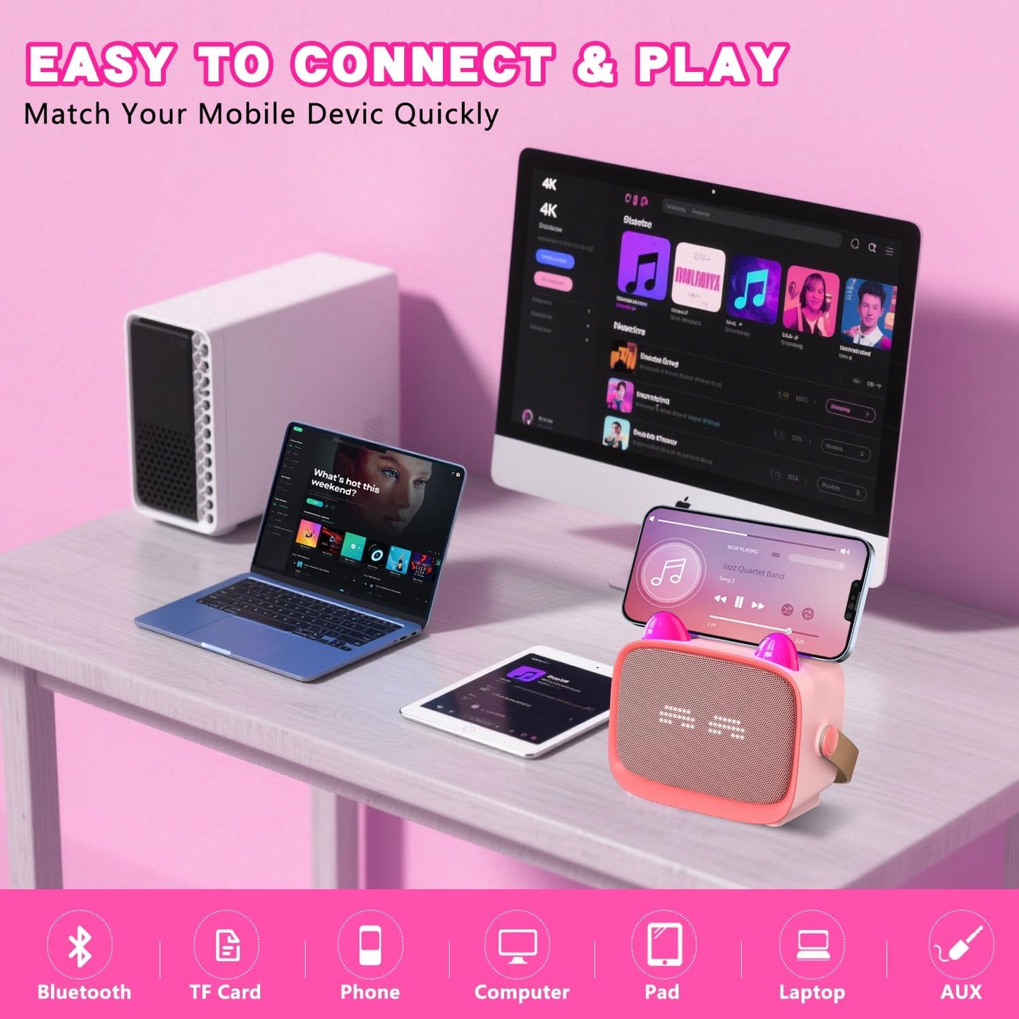 Upgraded Mini Karaoke Machine Toy for Kids, Portable Bluetooth Speaker with 2 Wireless Mics, Emoji & Colorful LED Lights, Home Travel & Party Play Gifts for Boys Girls (Pink)