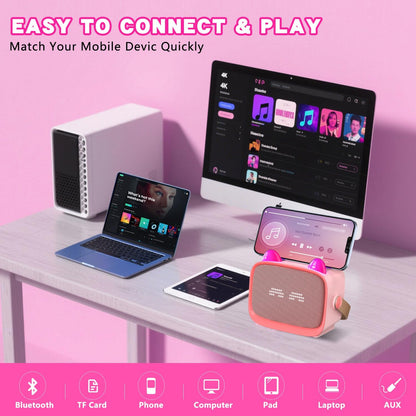 Upgraded Mini Karaoke Machine Toy for Kids, Portable Bluetooth Speaker with 2 Wireless Mics, Emoji & Colorful LED Lights, Home Travel & Party Play Gifts for Boys Girls (Pink)