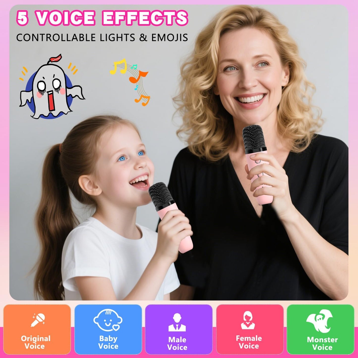 Upgraded Mini Karaoke Machine Toy for Kids, Portable Bluetooth Speaker with 2 Wireless Mics, Emoji & Colorful LED Lights, Home Travel & Party Play Gifts for Boys Girls (Pink)