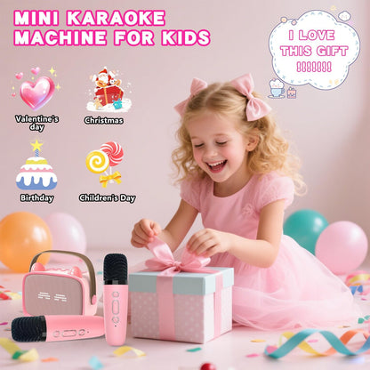 Upgraded Mini Karaoke Machine Toy for Kids, Portable Bluetooth Speaker with 2 Wireless Mics, Emoji & Colorful LED Lights, Home Travel & Party Play Gifts for Boys Girls (Pink)
