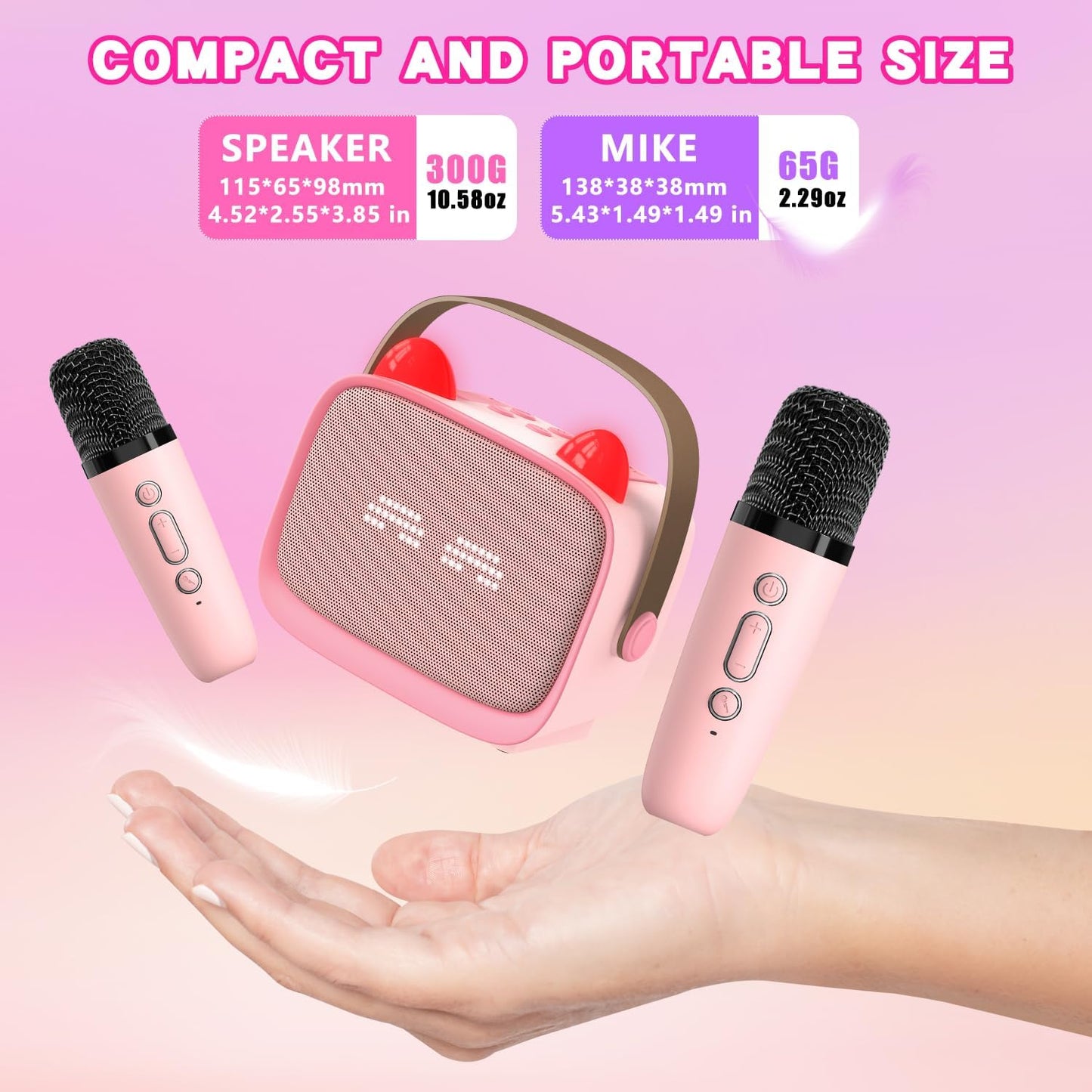 Upgraded Mini Karaoke Machine Toy for Kids, Portable Bluetooth Speaker with 2 Wireless Mics, Emoji & Colorful LED Lights, Home Travel & Party Play Gifts for Boys Girls (Pink)