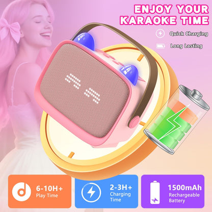 Upgraded Mini Karaoke Machine Toy for Kids, Portable Bluetooth Speaker with 2 Wireless Mics, Emoji & Colorful LED Lights, Home Travel & Party Play Gifts for Boys Girls (Pink)