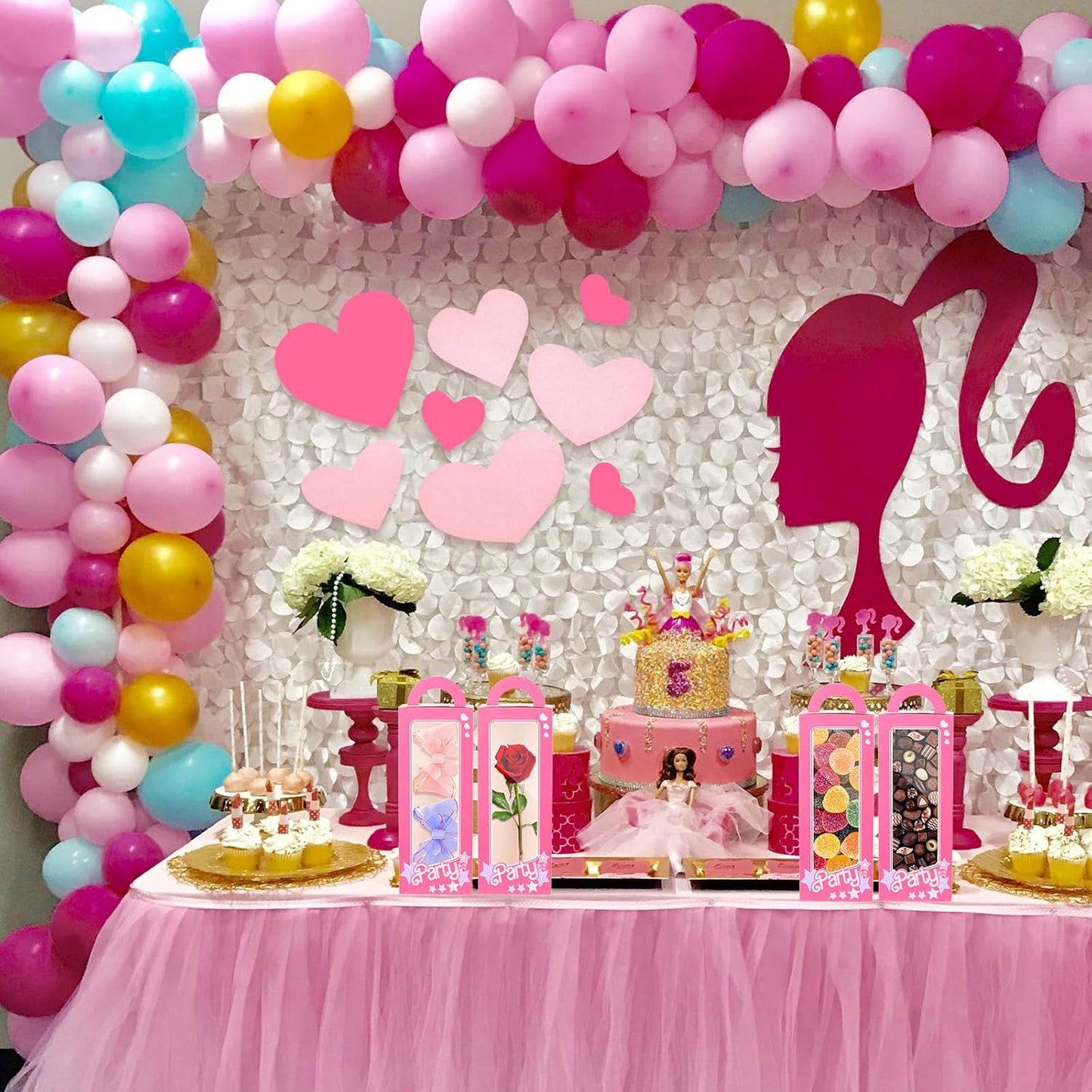 18 Pack Party Boxes Pink Candy Boxes Gift Bags Party Favor Bags Goodie Bags Treat Bags Pink Doll Favor Box for Birthday