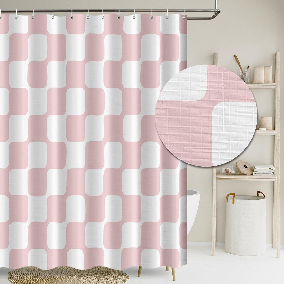 Retro Checkerboard Grid Pattern 140gsm Faux Linen Fabric Shower Curtain, White Blush Pink Classical Groovy Wavy Checkered Shower Curtain Sets Decoration 72x72 Inch with Hooks