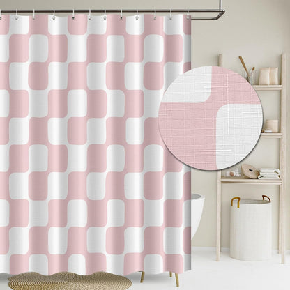 Retro Checkerboard Grid Pattern 140gsm Faux Linen Fabric Shower Curtain, White Blush Pink Classical Groovy Wavy Checkered Shower Curtain Sets Decoration 72x72 Inch with Hooks