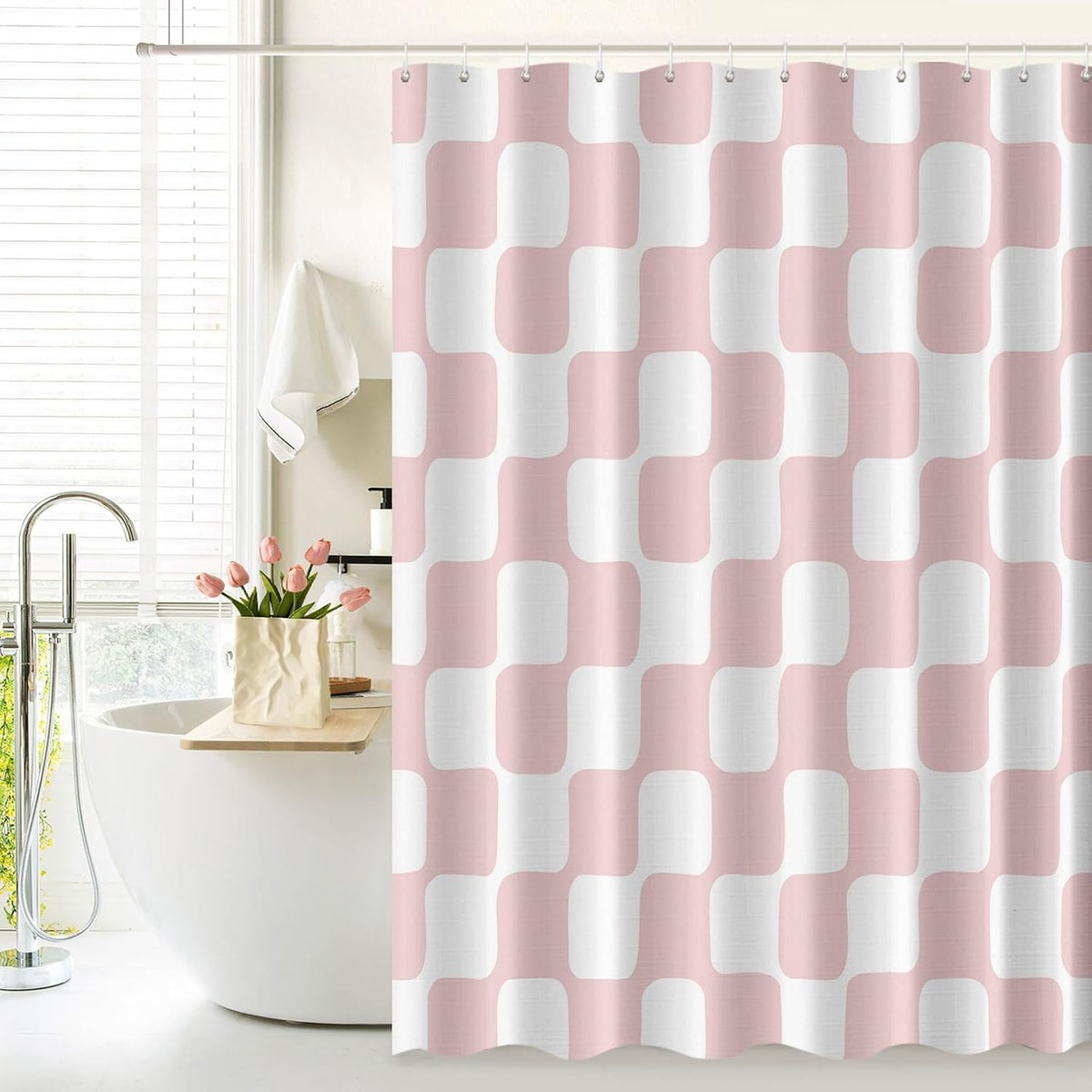 Retro Checkerboard Grid Pattern 140gsm Faux Linen Fabric Shower Curtain, White Blush Pink Classical Groovy Wavy Checkered Shower Curtain Sets Decoration 72x72 Inch with Hooks