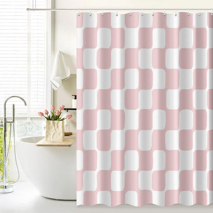 Retro Checkerboard Grid Pattern 140gsm Faux Linen Fabric Shower Curtain, White Blush Pink Classical Groovy Wavy Checkered Shower Curtain Sets Decoration 72x72 Inch with Hooks