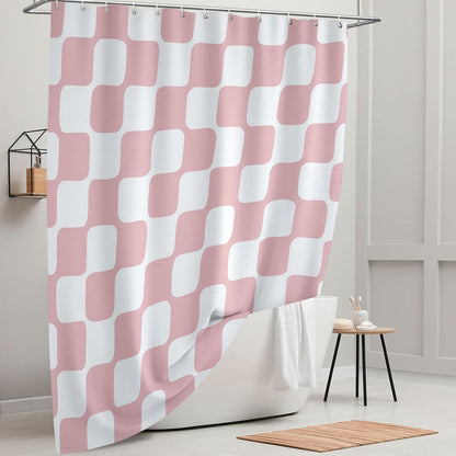 Retro Checkerboard Grid Pattern 140gsm Faux Linen Fabric Shower Curtain, White Blush Pink Classical Groovy Wavy Checkered Shower Curtain Sets Decoration 72x72 Inch with Hooks