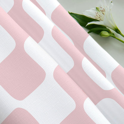 Retro Checkerboard Grid Pattern 140gsm Faux Linen Fabric Shower Curtain, White Blush Pink Classical Groovy Wavy Checkered Shower Curtain Sets Decoration 72x72 Inch with Hooks