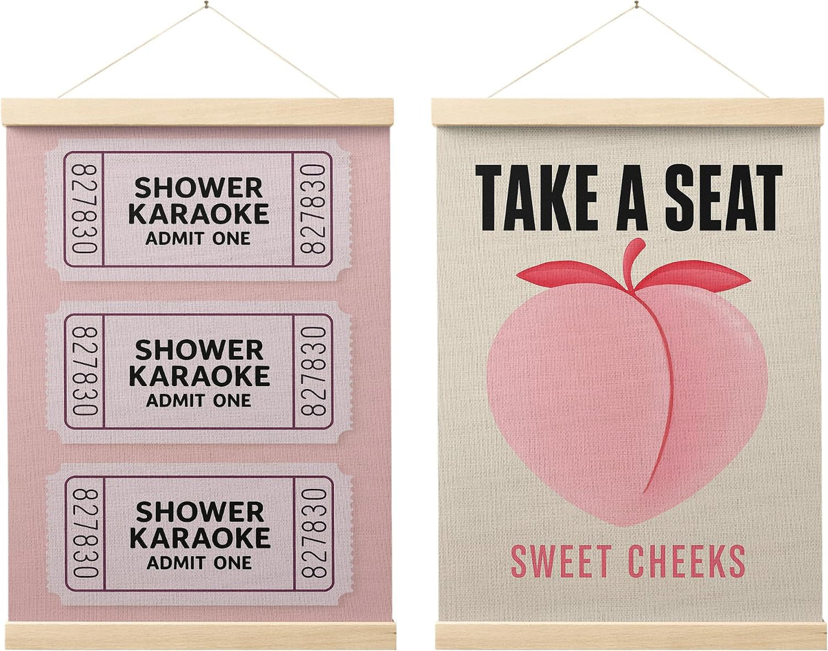 Sweet Cheeks Pink Peach Bathroom Poster Hanger Frame, Peach Bathroom Decor, Trendy Shower Karaoke Ticket Wall Art Decor for Girls Bath Room Washroom Restroom, 12x16 Inch Set of 2