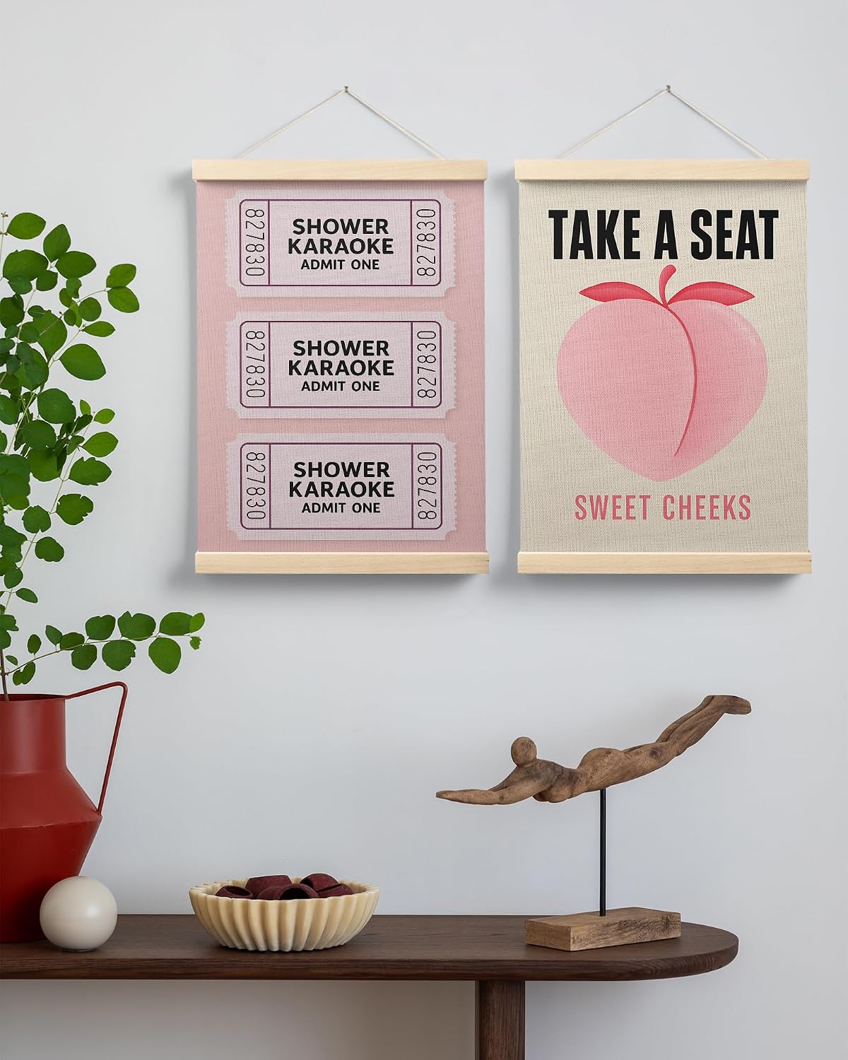 Sweet Cheeks Pink Peach Bathroom Poster Hanger Frame, Peach Bathroom Decor, Trendy Shower Karaoke Ticket Wall Art Decor for Girls Bath Room Washroom Restroom, 12x16 Inch Set of 2