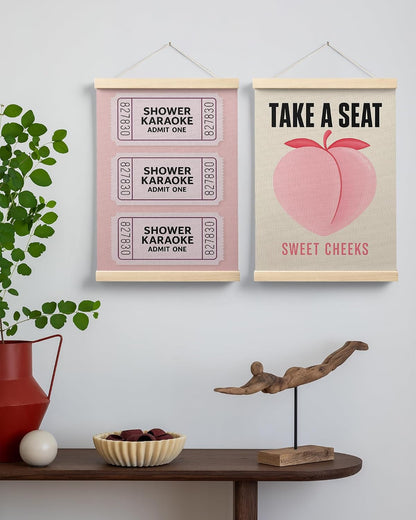 Sweet Cheeks Pink Peach Bathroom Poster Hanger Frame, Peach Bathroom Decor, Trendy Shower Karaoke Ticket Wall Art Decor for Girls Bath Room Washroom Restroom, 12x16 Inch Set of 2
