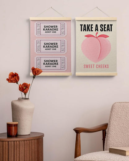 Sweet Cheeks Pink Peach Bathroom Poster Hanger Frame, Peach Bathroom Decor, Trendy Shower Karaoke Ticket Wall Art Decor for Girls Bath Room Washroom Restroom, 12x16 Inch Set of 2