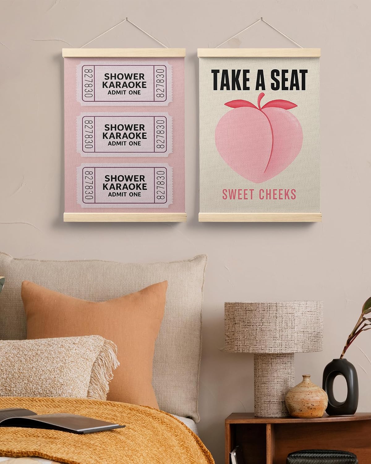 Sweet Cheeks Pink Peach Bathroom Poster Hanger Frame, Peach Bathroom Decor, Trendy Shower Karaoke Ticket Wall Art Decor for Girls Bath Room Washroom Restroom, 12x16 Inch Set of 2