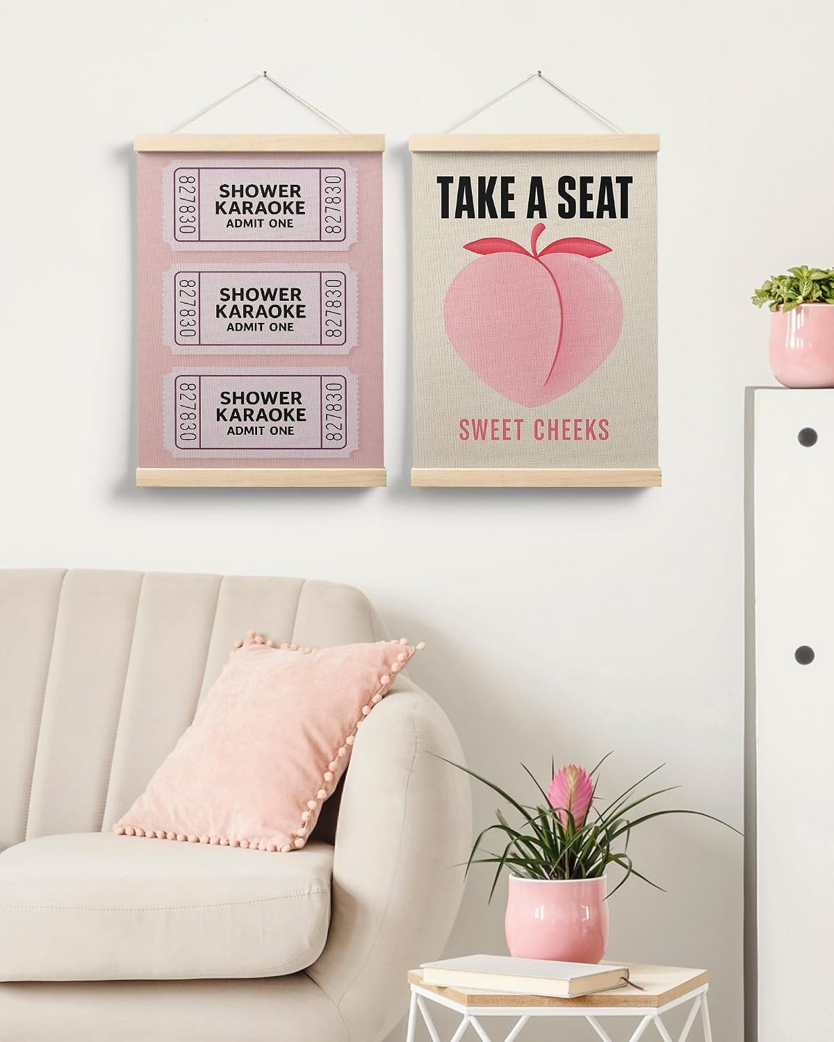Sweet Cheeks Pink Peach Bathroom Poster Hanger Frame, Peach Bathroom Decor, Trendy Shower Karaoke Ticket Wall Art Decor for Girls Bath Room Washroom Restroom, 12x16 Inch Set of 2