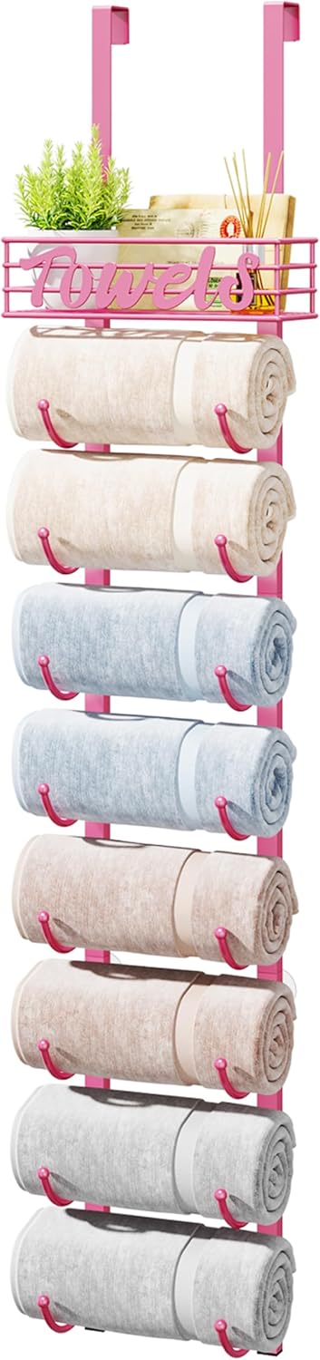 Towel Racks for Bathroom Storage - 9 Tier Over The Door & Wall Mount Rolled Towel Storage Organizer Holder with Metal Shelf Basket for Small Bathroom, Camper, Rv - Pink, Patented