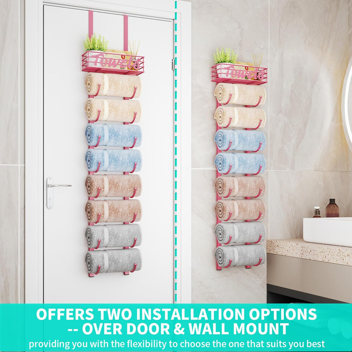 Towel Racks for Bathroom Storage - 9 Tier Over The Door & Wall Mount Rolled Towel Storage Organizer Holder with Metal Shelf Basket for Small Bathroom, Camper, Rv - Pink, Patented