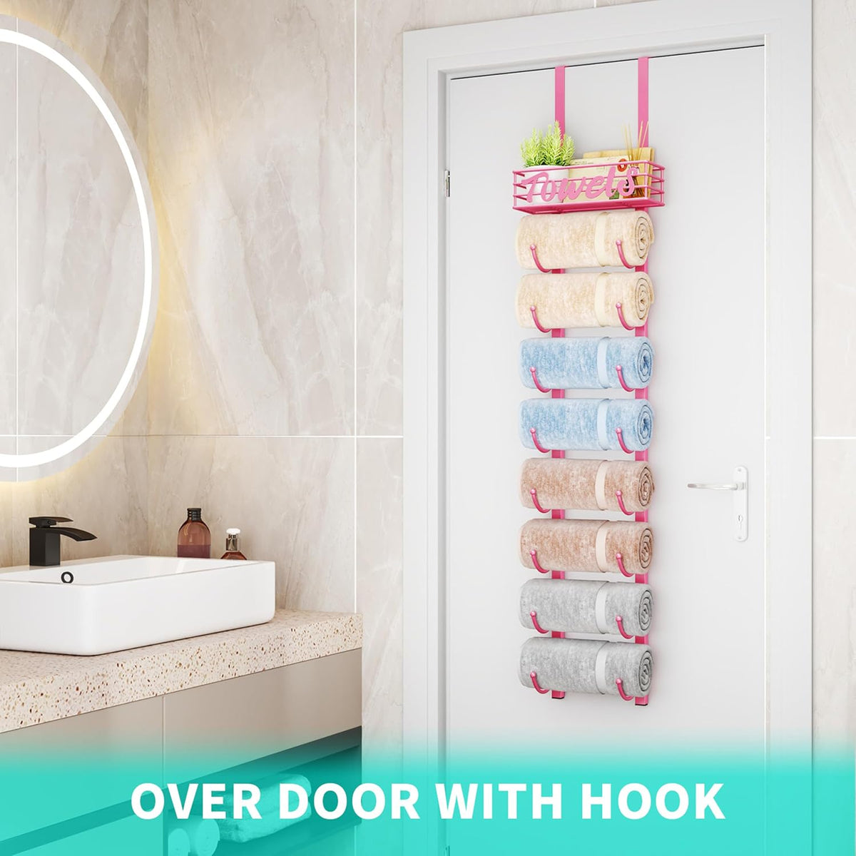 Towel Racks for Bathroom Storage - 9 Tier Over The Door & Wall Mount Rolled Towel Storage Organizer Holder with Metal Shelf Basket for Small Bathroom, Camper, Rv - Pink, Patented