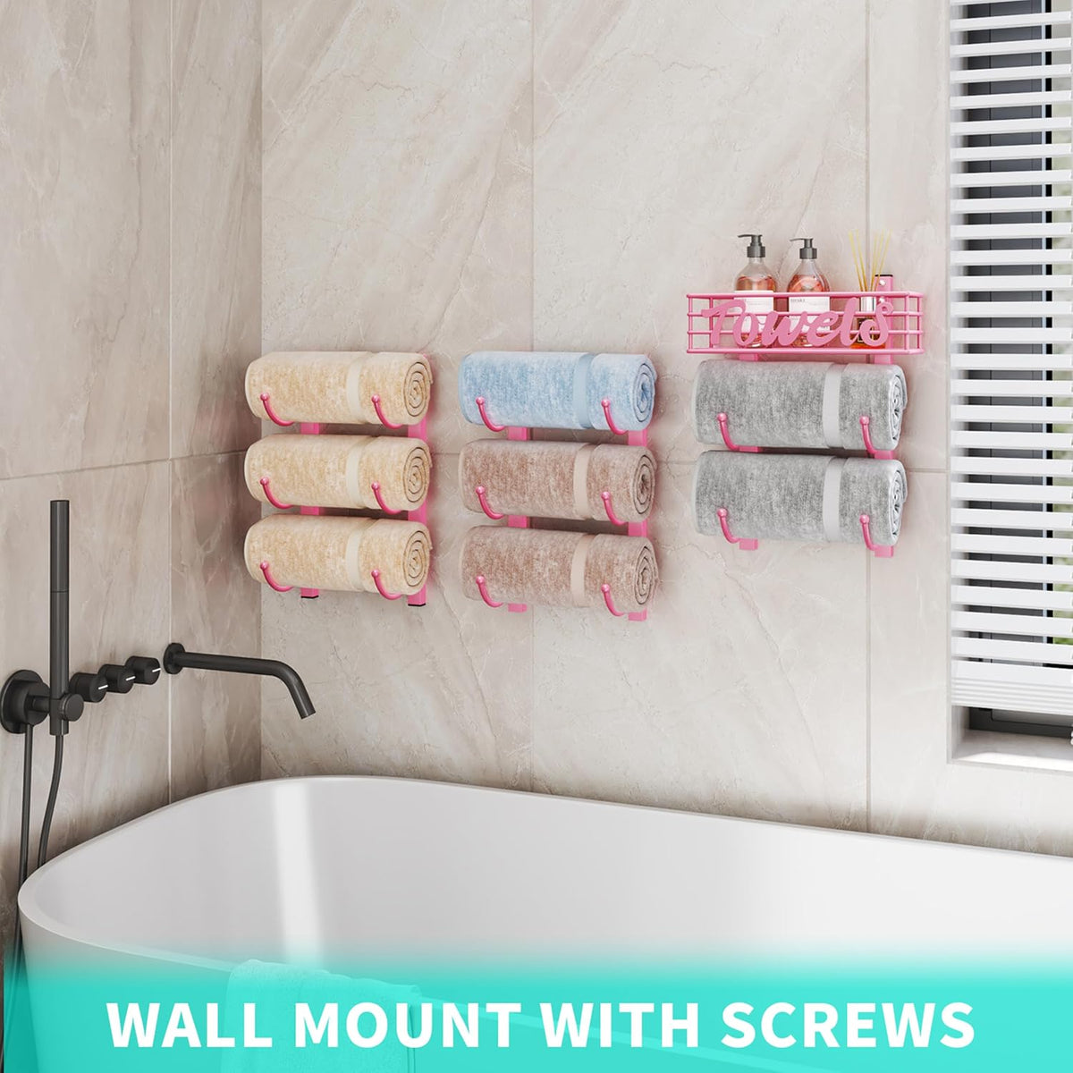 Towel Racks for Bathroom Storage - 9 Tier Over The Door & Wall Mount Rolled Towel Storage Organizer Holder with Metal Shelf Basket for Small Bathroom, Camper, Rv - Pink, Patented