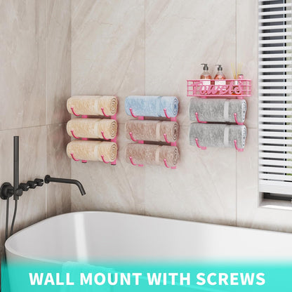Towel Racks for Bathroom Storage - 9 Tier Over The Door & Wall Mount Rolled Towel Storage Organizer Holder with Metal Shelf Basket for Small Bathroom, Camper, Rv - Pink, Patented