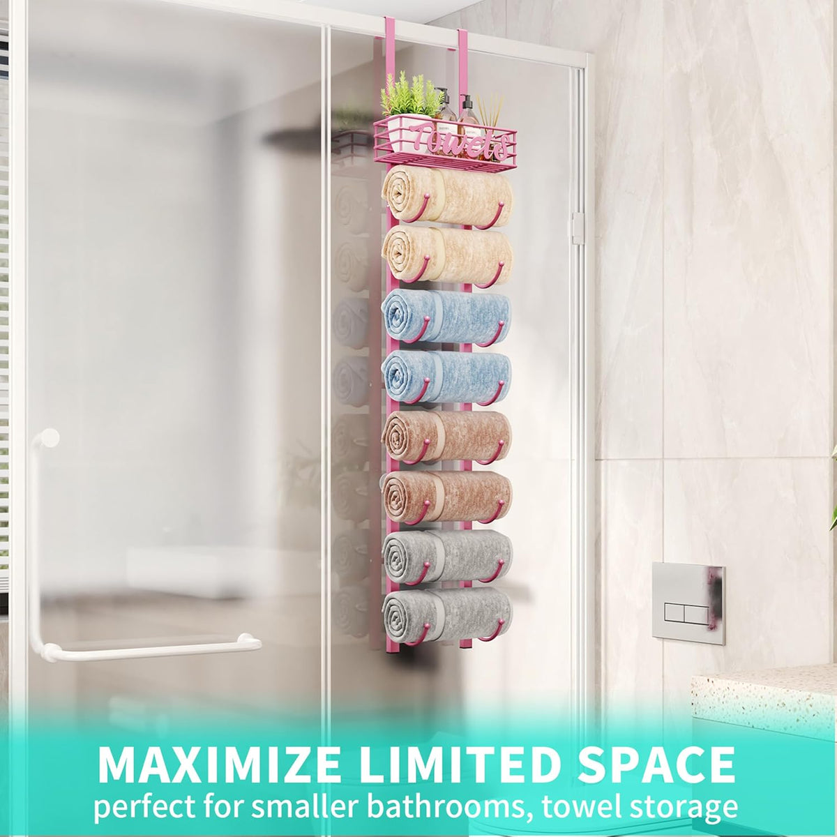 Towel Racks for Bathroom Storage - 9 Tier Over The Door & Wall Mount Rolled Towel Storage Organizer Holder with Metal Shelf Basket for Small Bathroom, Camper, Rv - Pink, Patented