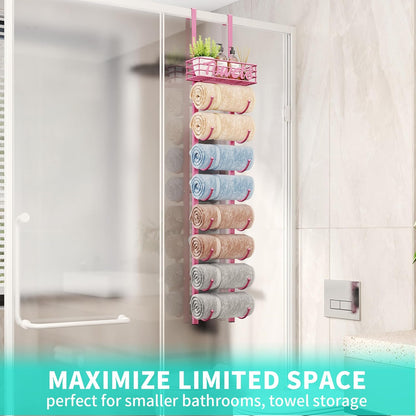 Towel Racks for Bathroom Storage - 9 Tier Over The Door & Wall Mount Rolled Towel Storage Organizer Holder with Metal Shelf Basket for Small Bathroom, Camper, Rv - Pink, Patented