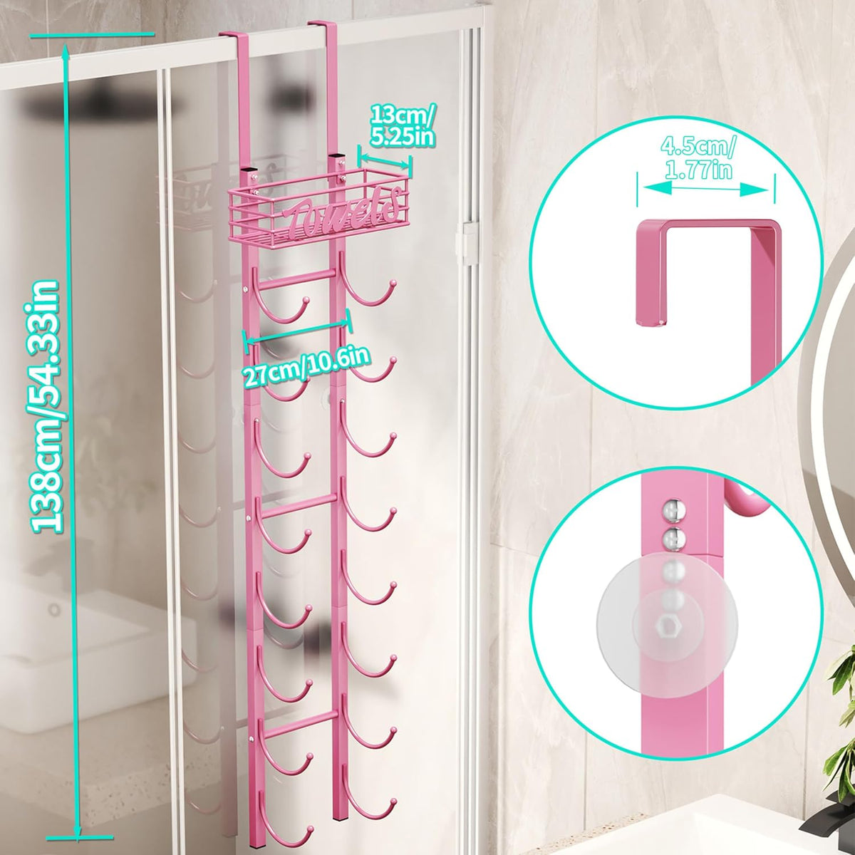 Towel Racks for Bathroom Storage - 9 Tier Over The Door & Wall Mount Rolled Towel Storage Organizer Holder with Metal Shelf Basket for Small Bathroom, Camper, Rv - Pink, Patented
