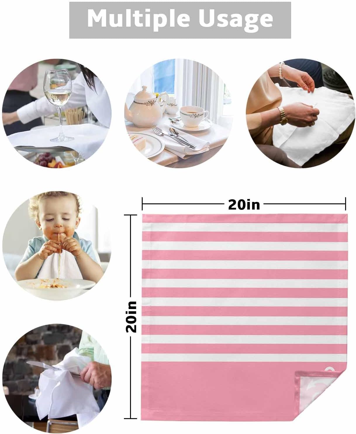 Anchor 4PCS Cloth Napkins for Dining Table, Pink Stripes Washable Reusable Napkins Set Decorative Table Accessories for Daily Use Wedding Party Cocktail, 20x20 Inch