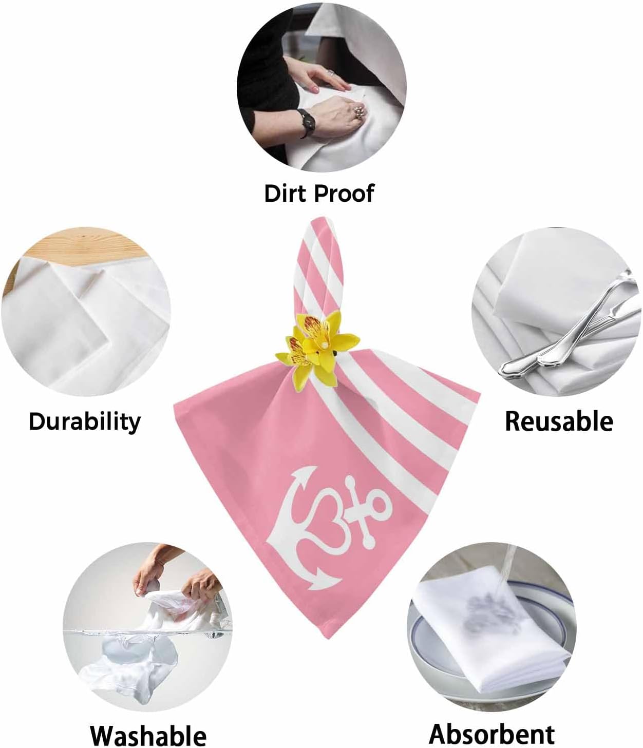 Anchor 4PCS Cloth Napkins for Dining Table, Pink Stripes Washable Reusable Napkins Set Decorative Table Accessories for Daily Use Wedding Party Cocktail, 20x20 Inch