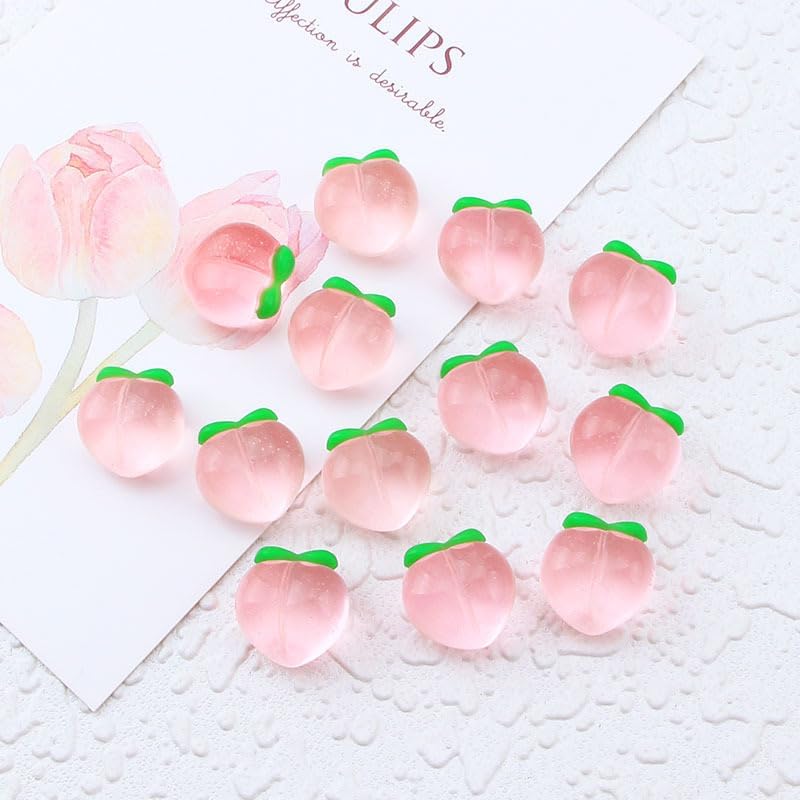50PCS Artificial Pink Mini Peach Decoration Flatback Resin Peach Charms Fake Small Peaches Embellishments for DIY Craft Accessory Scrapbooking Hair Clips Photo Prop