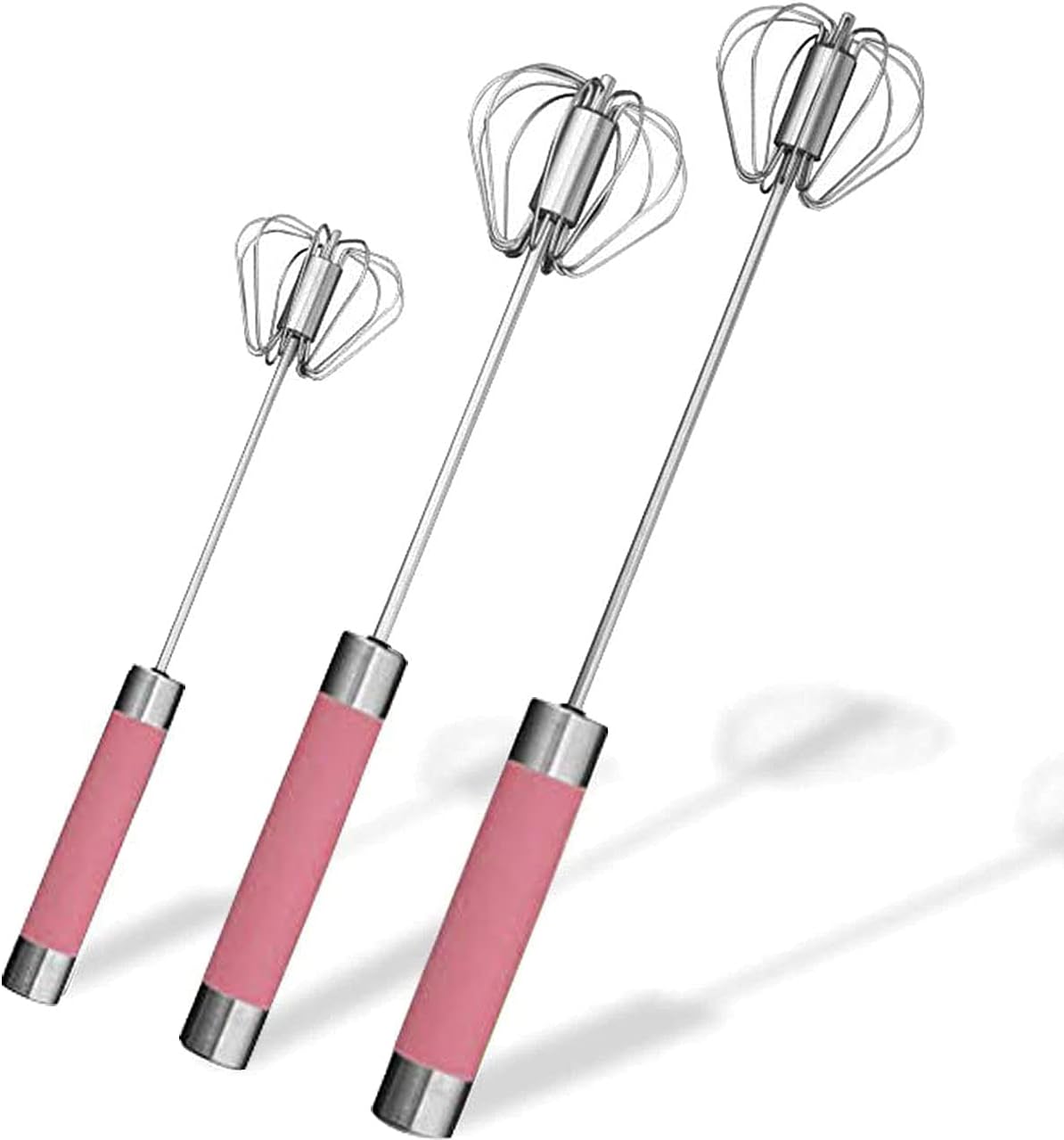 Stainless Steel Semi-automatic Egg Whisk - 3PCS Hand Push Rotary Whisk Blender (Pink)