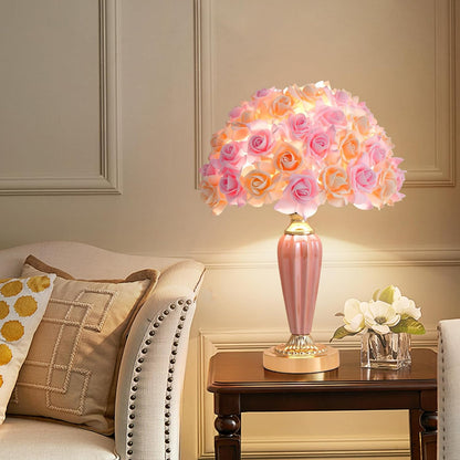 Pink Flowers Lamp Beautiful Yellow Bedside Lamp Nordic Nightstand Light Romantic Rose Table Lamp for Wedding Decoration Princess Girl Bedroom Valentines Dating Living Room Office