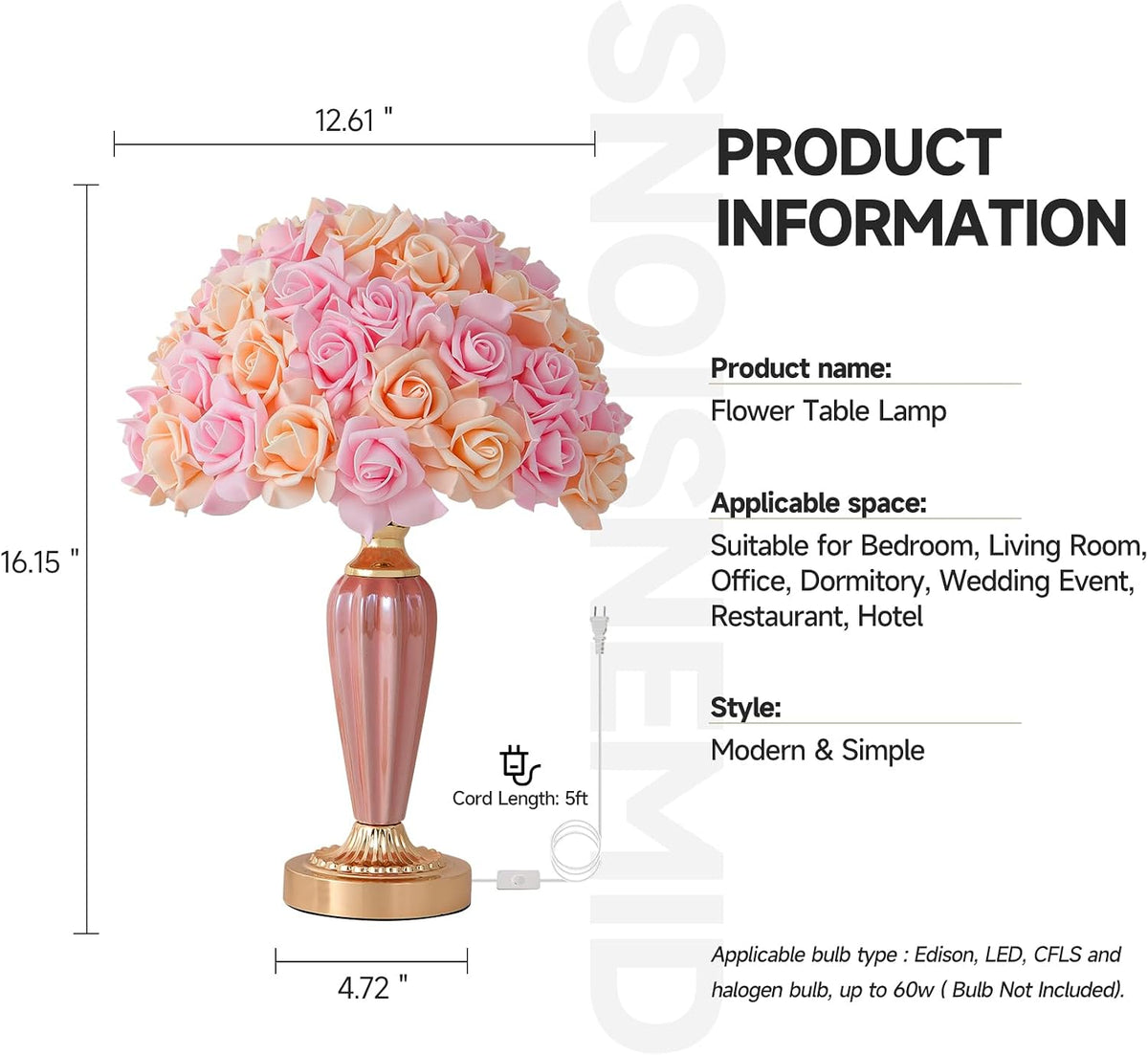 Pink Flowers Lamp Beautiful Yellow Bedside Lamp Nordic Nightstand Light Romantic Rose Table Lamp for Wedding Decoration Princess Girl Bedroom Valentines Dating Living Room Office
