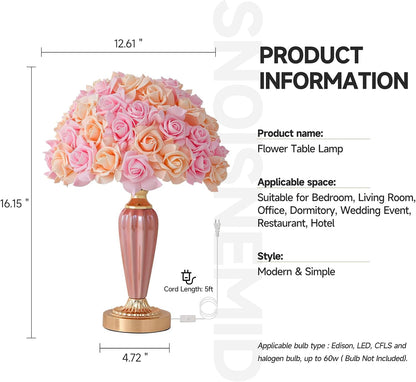 Pink Flowers Lamp Beautiful Yellow Bedside Lamp Nordic Nightstand Light Romantic Rose Table Lamp for Wedding Decoration Princess Girl Bedroom Valentines Dating Living Room Office
