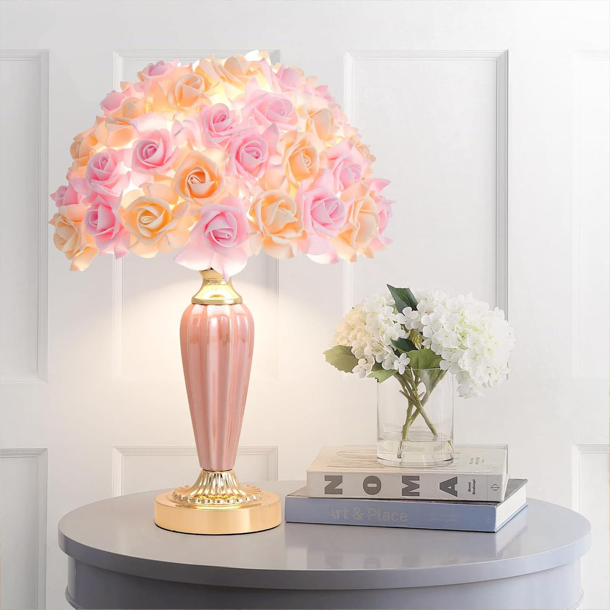 Pink Flowers Lamp Beautiful Yellow Bedside Lamp Nordic Nightstand Light Romantic Rose Table Lamp for Wedding Decoration Princess Girl Bedroom Valentines Dating Living Room Office