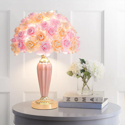 Pink Flowers Lamp Beautiful Yellow Bedside Lamp Nordic Nightstand Light Romantic Rose Table Lamp for Wedding Decoration Princess Girl Bedroom Valentines Dating Living Room Office