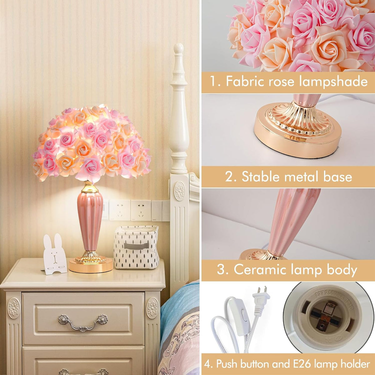 Pink Flowers Lamp Beautiful Yellow Bedside Lamp Nordic Nightstand Light Romantic Rose Table Lamp for Wedding Decoration Princess Girl Bedroom Valentines Dating Living Room Office