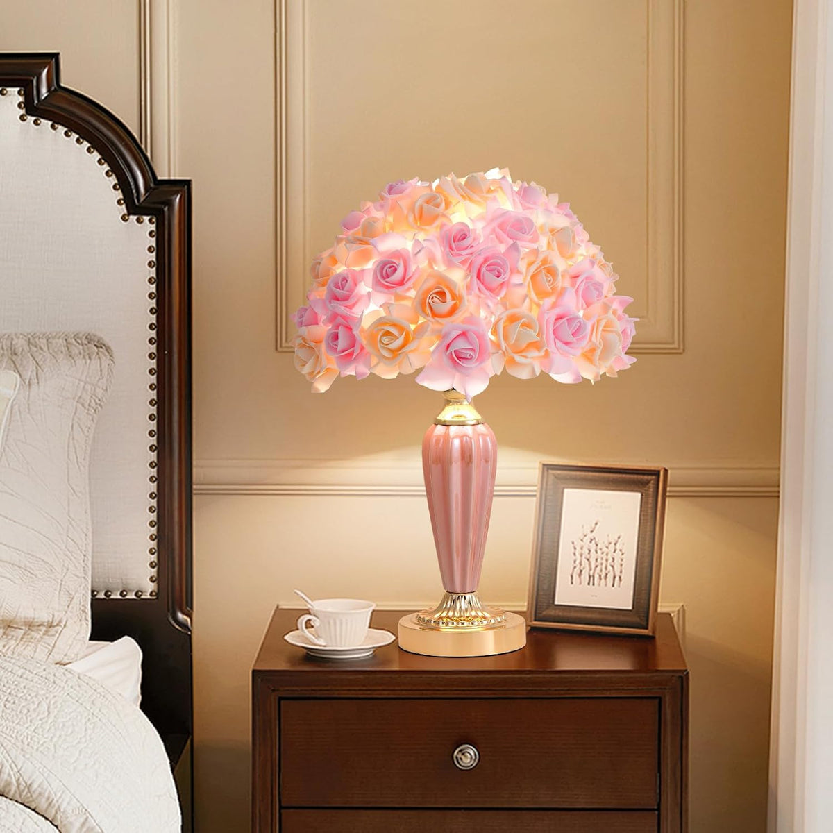 Pink Flowers Lamp Beautiful Yellow Bedside Lamp Nordic Nightstand Light Romantic Rose Table Lamp for Wedding Decoration Princess Girl Bedroom Valentines Dating Living Room Office