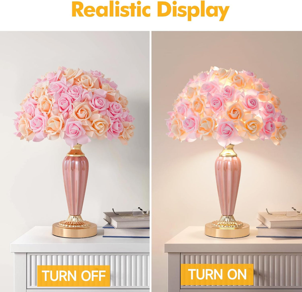 Pink Flowers Lamp Beautiful Yellow Bedside Lamp Nordic Nightstand Light Romantic Rose Table Lamp for Wedding Decoration Princess Girl Bedroom Valentines Dating Living Room Office