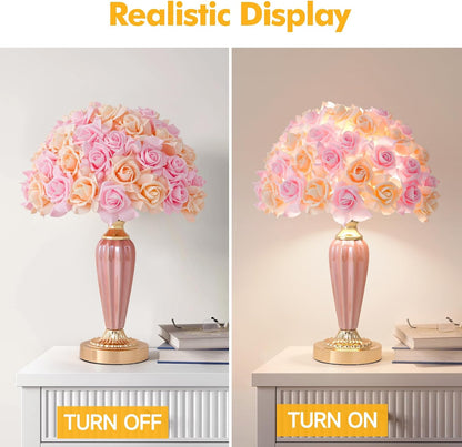 Pink Flowers Lamp Beautiful Yellow Bedside Lamp Nordic Nightstand Light Romantic Rose Table Lamp for Wedding Decoration Princess Girl Bedroom Valentines Dating Living Room Office