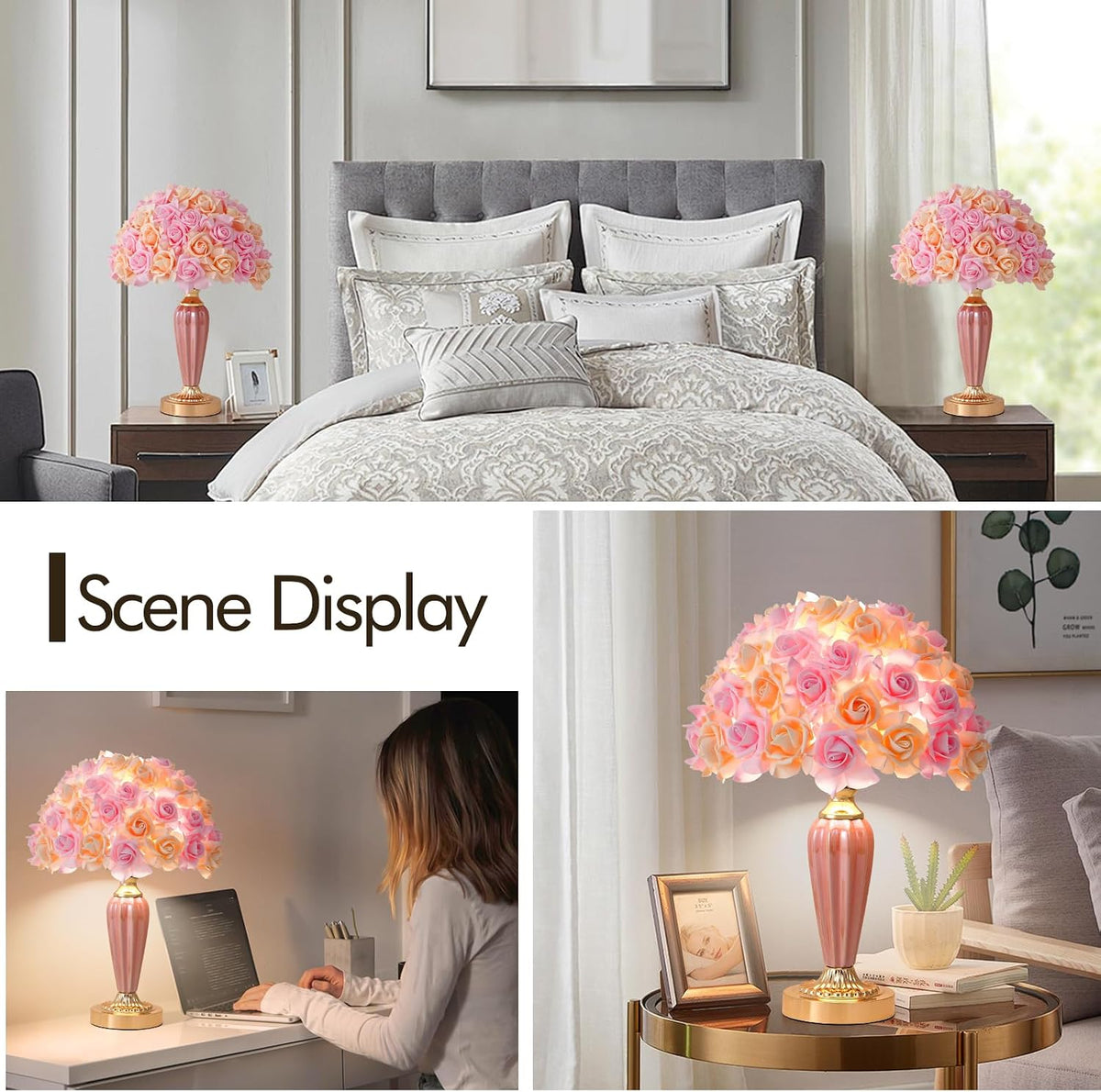 Pink Flowers Lamp Beautiful Yellow Bedside Lamp Nordic Nightstand Light Romantic Rose Table Lamp for Wedding Decoration Princess Girl Bedroom Valentines Dating Living Room Office