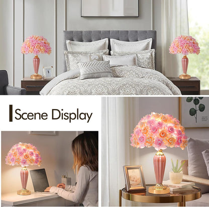 Pink Flowers Lamp Beautiful Yellow Bedside Lamp Nordic Nightstand Light Romantic Rose Table Lamp for Wedding Decoration Princess Girl Bedroom Valentines Dating Living Room Office