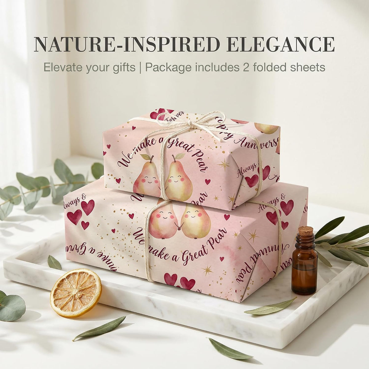 Watercolor Pink Pear Fruit Wrapping Paper, 19.6 x 27.5 in, 2 Pack