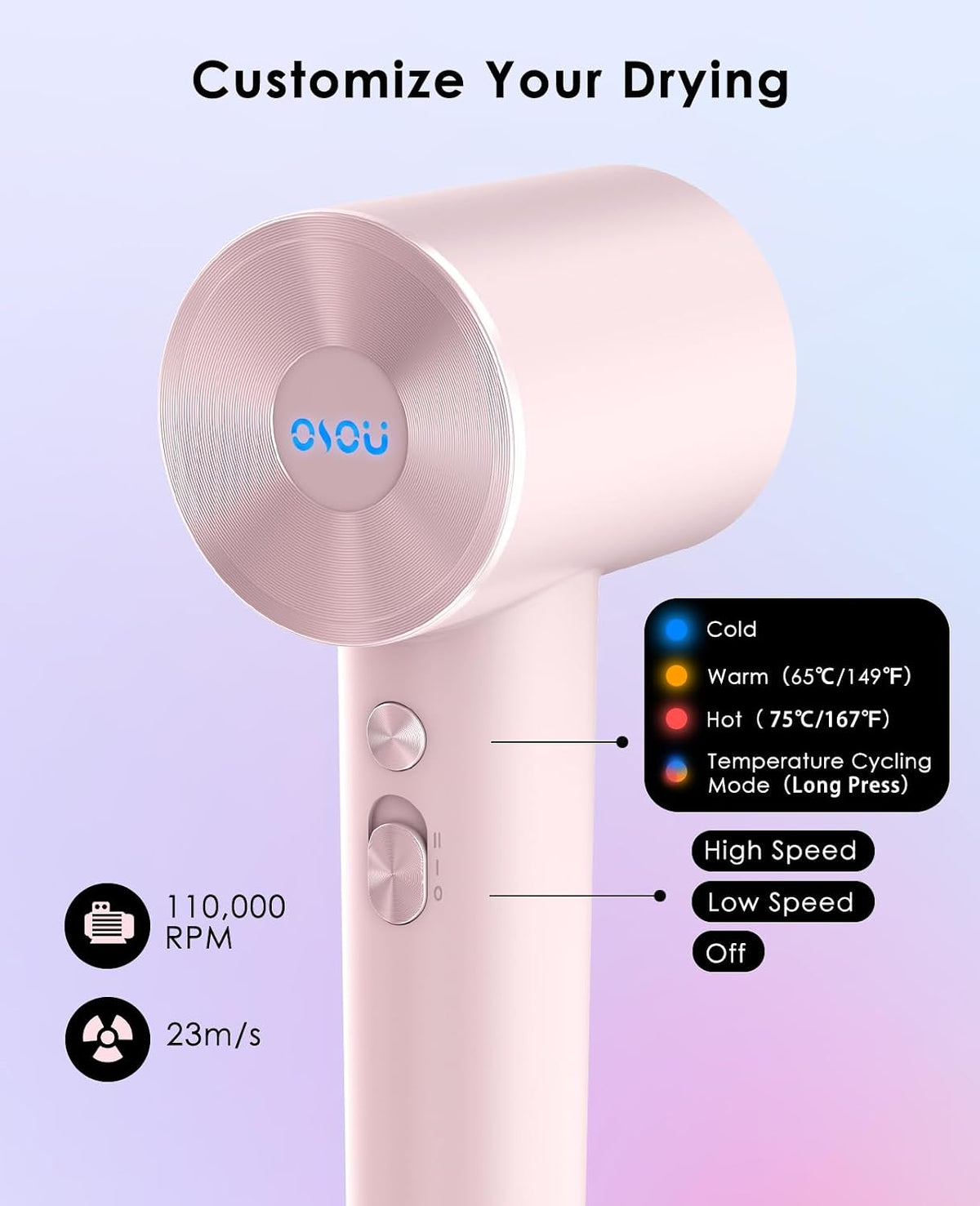 Travel Hair Dryer, Negative Ionic Hair Dryers, High-Speed Blow Dryer with 110, 000 RPM Brushless Motor, Ultra-Light & Small, Smart Temp Control, Quiet Hairdryer for Women