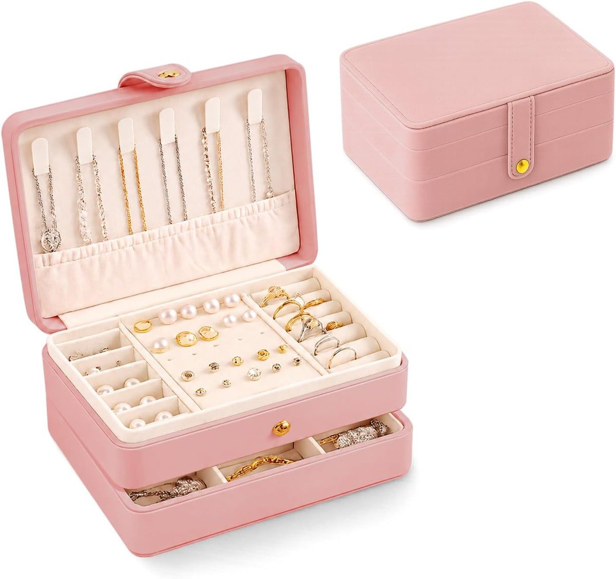 Jewelry Box for Women Girls Pink Jewelry Organizer 2-Layer PU Leather Jewelry Storage Case for Earrings Rings Necklace Jewelry Holder Case Gift (Pink)
